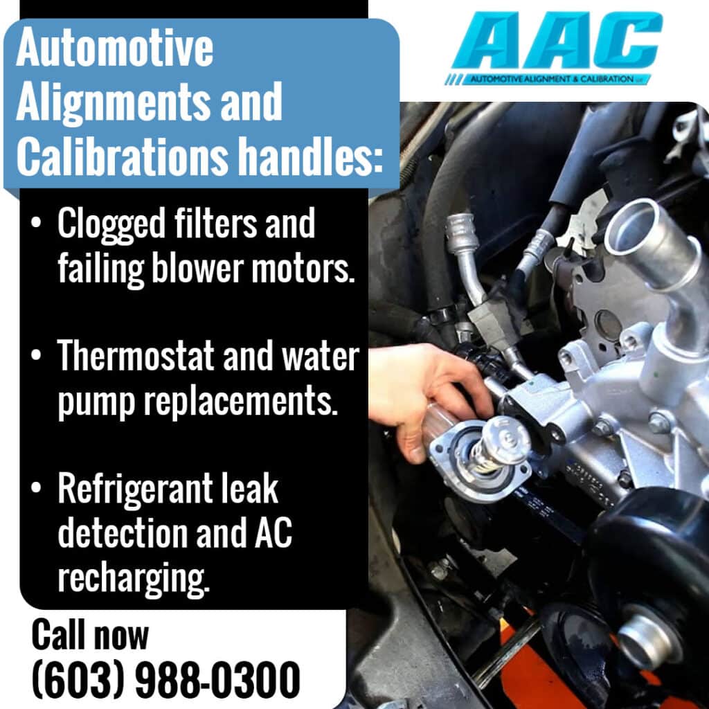 Clogged filters and failing blower motors. Thermostat and water pump replacements. Refrigerant leak detection and AC recharging