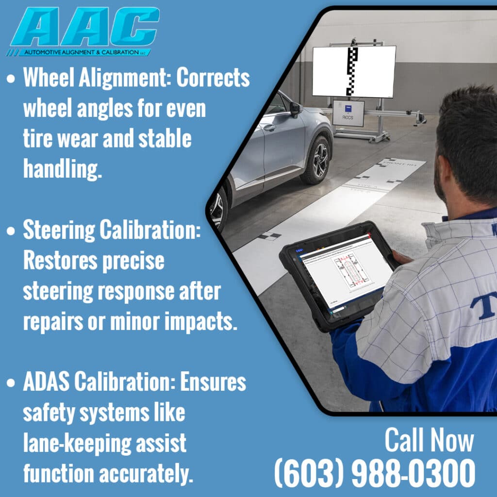 Technician performing ADAS calibration and wheel alignment using diagnostic equipment in an auto shop