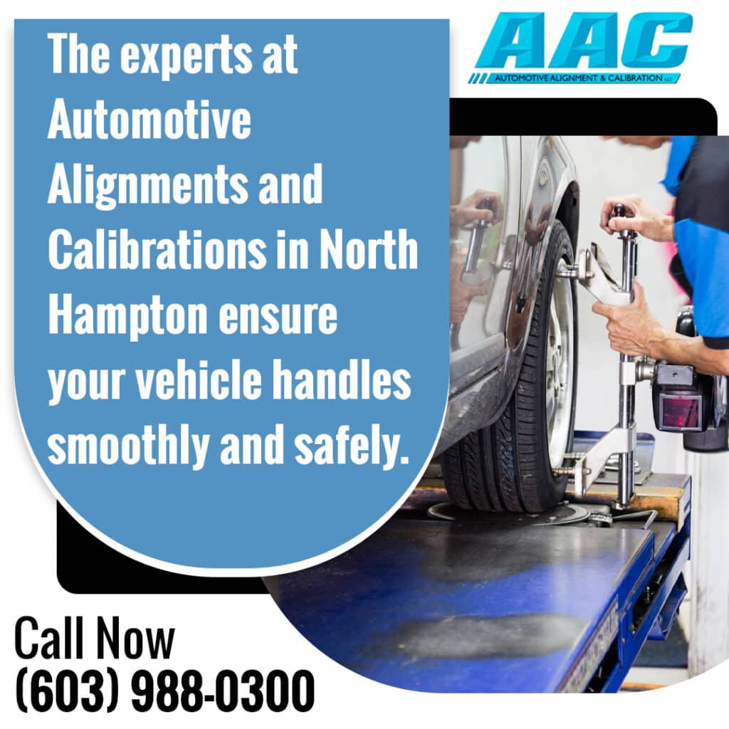 Technician performing wheel alignment adjustment on a vehicle at an auto shop in North Hampton