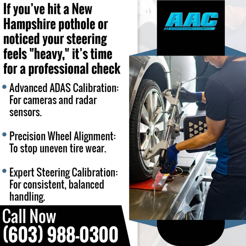 Technician performing wheel alignment and ADAS steering calibration at Automotive Alignments and Calibrations in New Hampshire