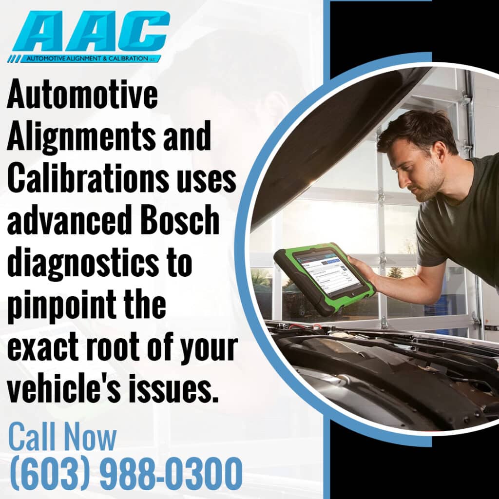 Technician using a Bosch diagnostic tablet at Automotive Alignments and Calibrations to identify the cause of a vehicle issue