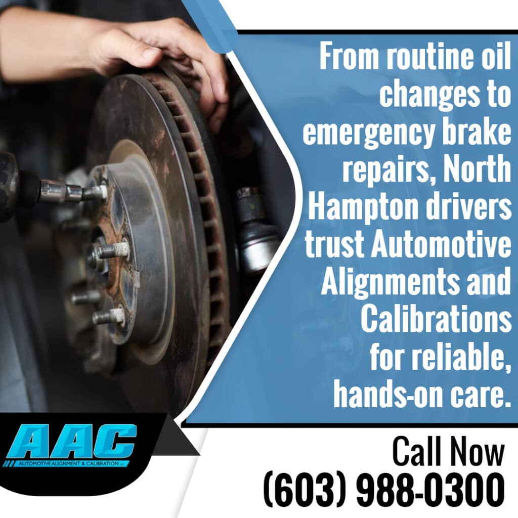Close-up of brake repair service at Automotive Alignments and Calibrations in North Hampton, NH