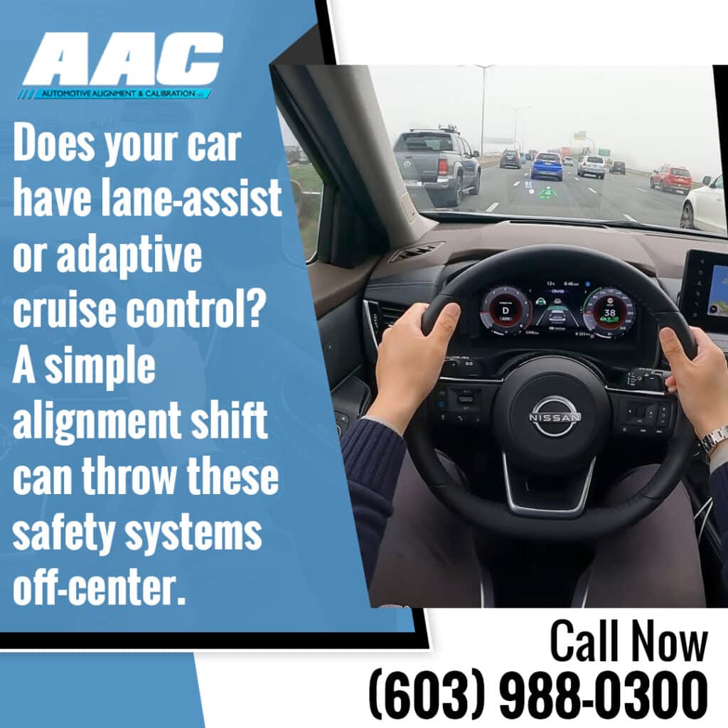 Driver-view of a vehicle dashboard with lane-assist and adaptive cruise control, highlighting the need for proper wheel alignment and calibration