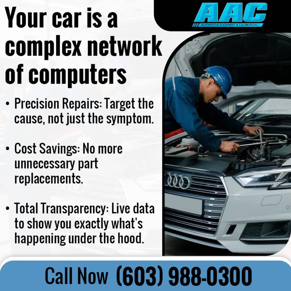 Technician performing vehicle computer diagnostics and precision repairs at Automotive Alignments and Calibrations