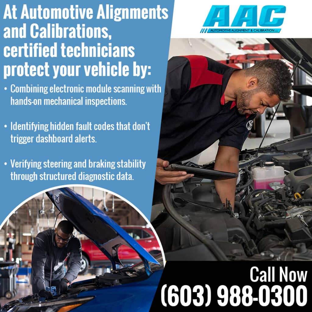 Certified technician at Automotive Alignments and Calibrations performing electronic module scanning and hands-on vehicle diagnostics to identify hidden fault codes and verify steering and braking stability in North Hampton