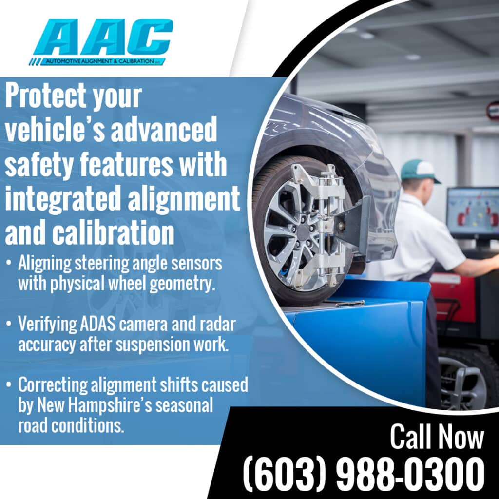 Vehicle on an alignment rack at Automotive Alignments and Calibrations during integrated alignment and ADAS calibration to verify steering angle sensors, camera accuracy, and radar performance in North Hampton