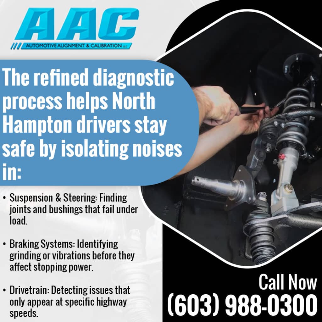 Technician inspecting suspension and steering components at Automotive Alignments and Calibrations to isolate suspension, braking, and drivetrain noise issues for North Hampton drivers