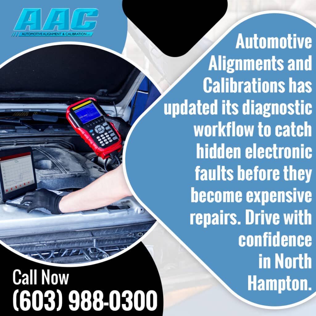 Diagnostic scan in progress under the hood at Automotive Alignments and Calibrations to detect hidden electronic faults before they turn into costly vehicle repairs in North Hampton.