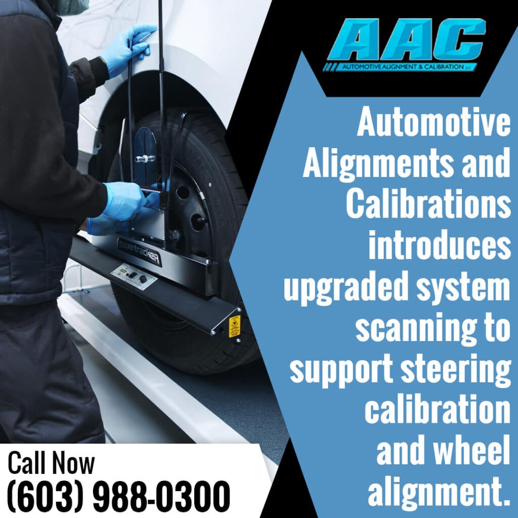 Infographic from Automotive Alignment & Calibration (AAC) highlighting precision calibration steps for vehicle safety and handling. Text highlights steering angle sensor restoration, ADAS calibration for lane tracking/radar systems, and comprehensive wheel alignments for drift and tire wear. Visual features a technician setting up specialized calibration equipment in front of a white Volkswagen car. Includes phone number (603) 988-0300.