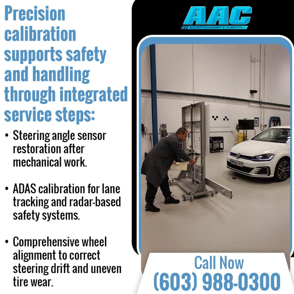 Promotional graphic from Automotive Alignments and Calibrations (AAC) introducing upgraded system scanning for steering calibration and wheel alignment. The image displays a technician wearing blue gloves mounting a Supertracker wheel alignment tool onto a vehicle's tire. Includes a call-to-action to call (603) 988-0300.
