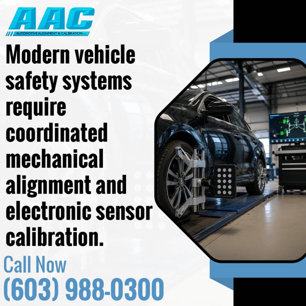 Graphic from AAC explaining why modern vehicle safety systems require mechanical alignment and electronic calibration.