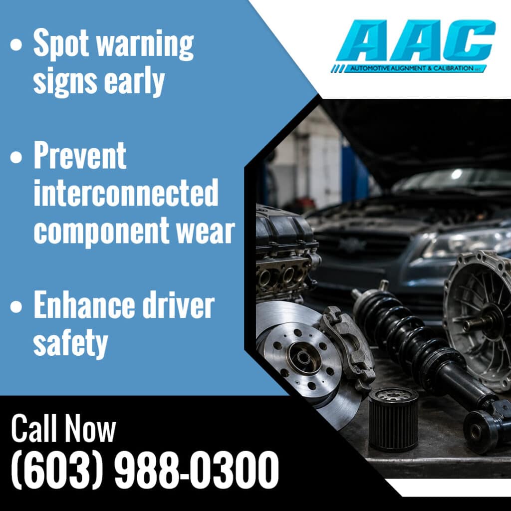 Infographic from AAC listing benefits of early component inspection, featuring various disassembled auto parts.
