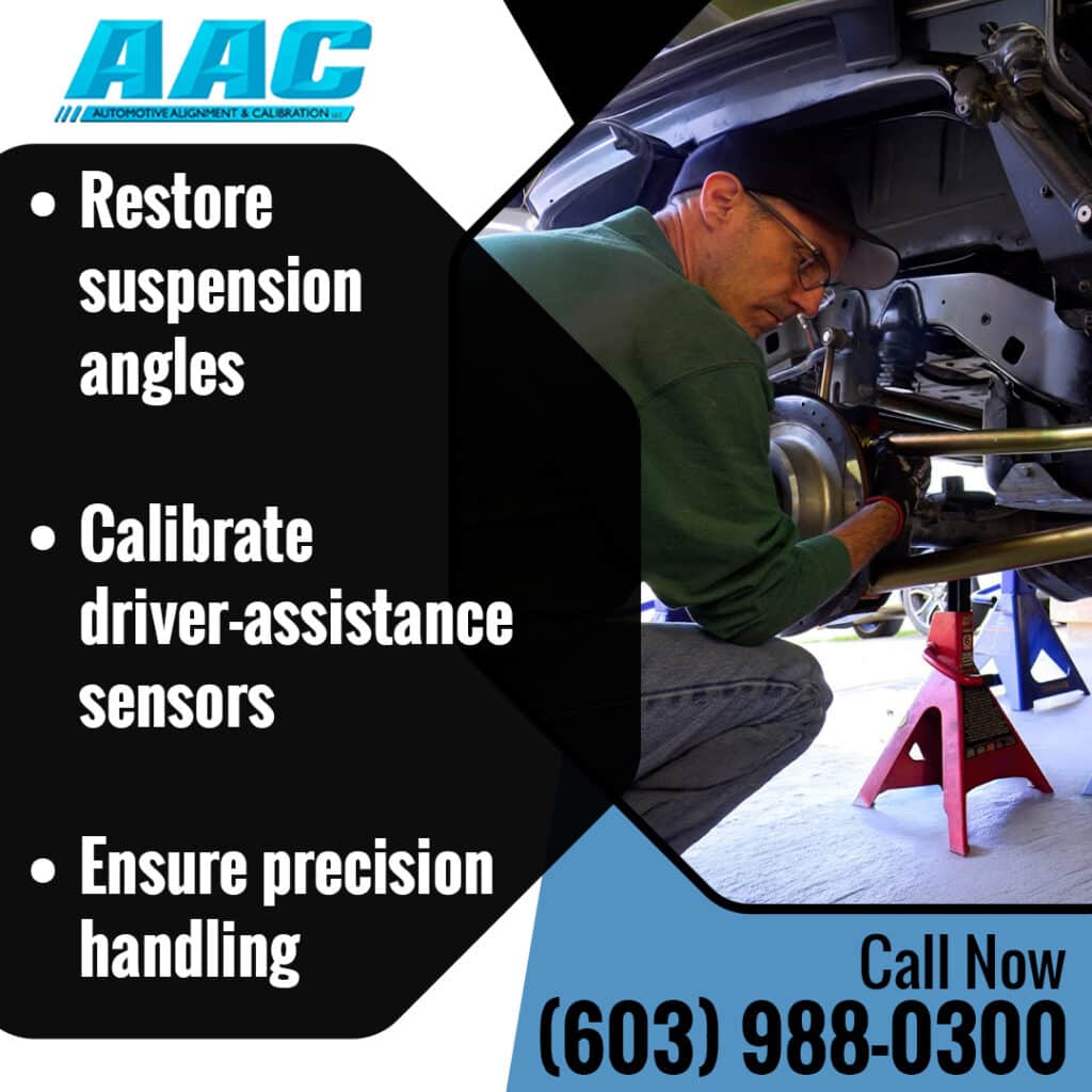 Infographic from AAC listing wheel alignment benefits, showing a mechanic adjusting a car's suspension undercarriage.