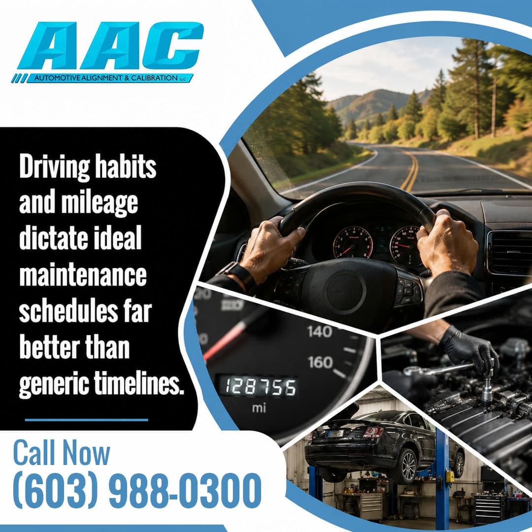 Hands gripping a steering wheel driving along a scenic mountain road, surrounded by hexagonal insets showing an odometer reading 128,755 miles, engine socket wrench repair, and a vehicle on an auto repair lift.