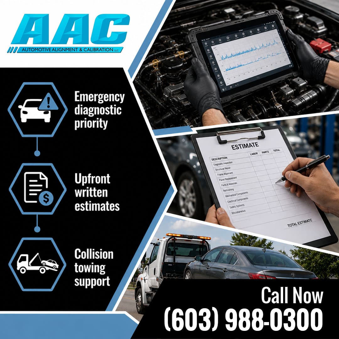 : Collage showing a technician using a digital diagnostic tablet over an engine, a hand writing on a formal repair estimate clipboard, and a flatbed tow truck transporting a damaged car.