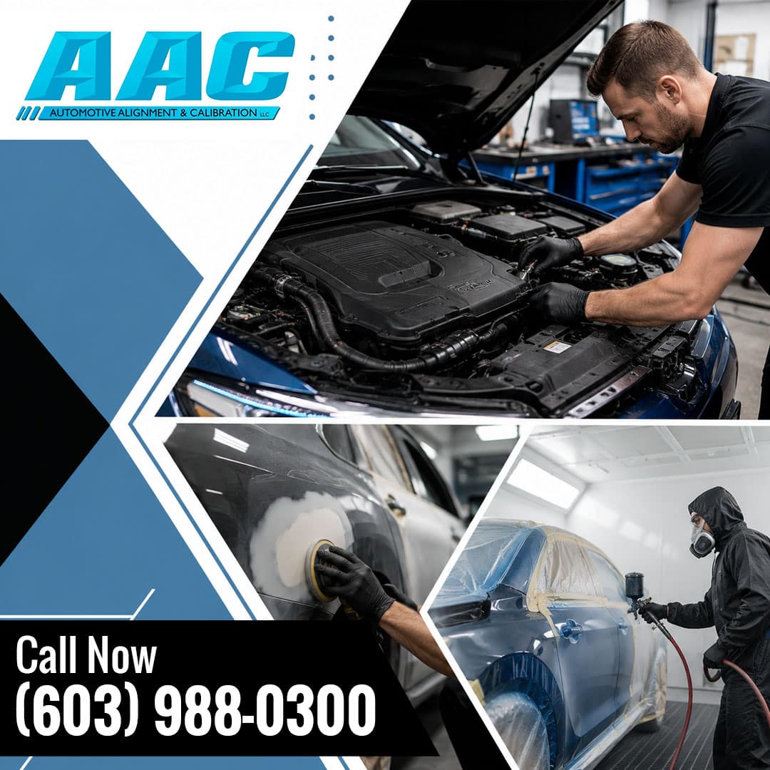 Collage showing an automotive technician working under a car's hood, a technician sanding a car panel, and a painter in protective gear spray-painting a vehicle in a paint booth.