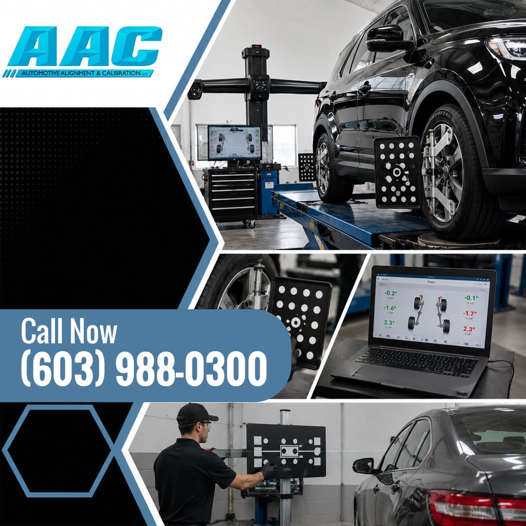 Black SUV on an alignment rack with wheel-mounted targets, accompanied by insets of a diagnostic laptop displaying suspension camber angles and a technician positioning an ADAS calibration board behind a vehicle.