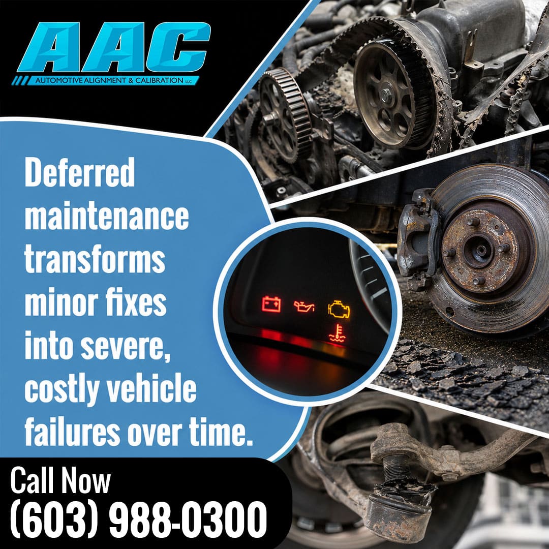 Collage showing damaged car components, including a shredded timing belt, rusted brake rotor, worn suspension ball joint, and an inset of illuminated dashboard warning lights.