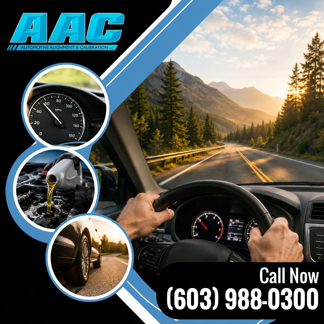 Driver gripping the steering wheel while traveling down an open mountain highway, flanked by circular insets displaying a speedometer, engine oil being poured, and a close-up of a car tire on the road.