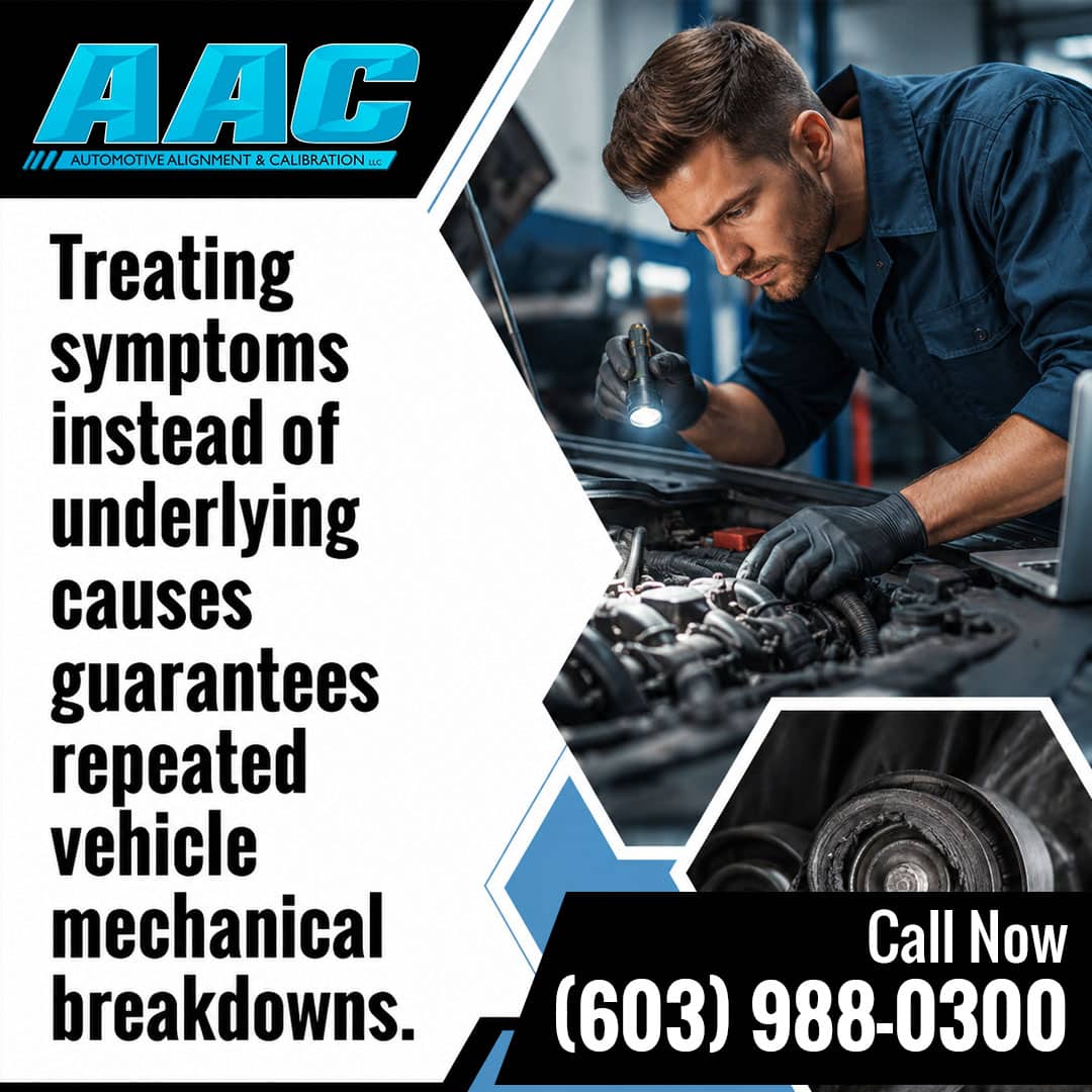 Automotive mechanic using a flashlight to inspect an open vehicle engine bay, accompanied by an inset showing a severely worn and cracked rubber bushing.
