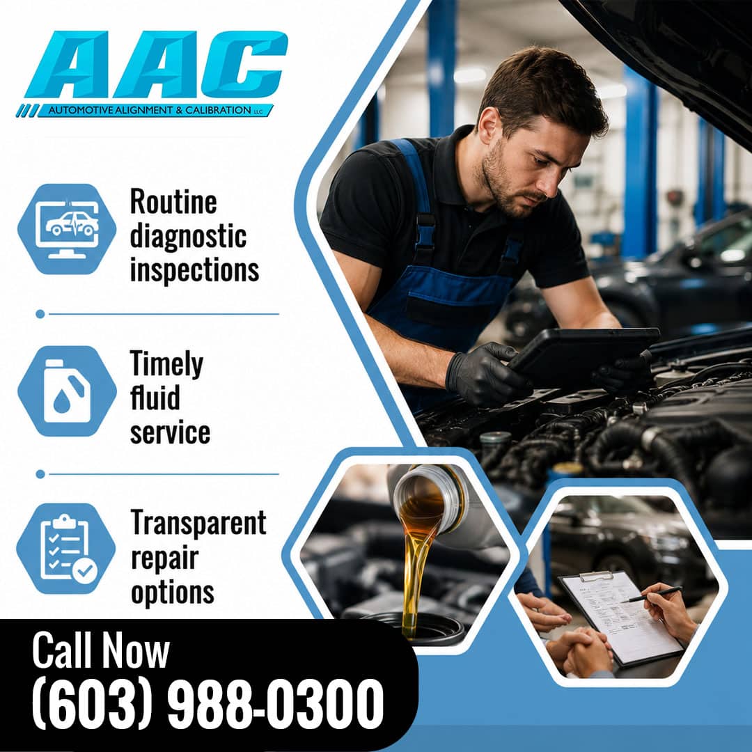 Auto mechanic using a diagnostic scan tablet under an open car hood, accompanied by hexagonal insets showing fresh motor oil being poured and a mechanic reviewing an inspection checklist.