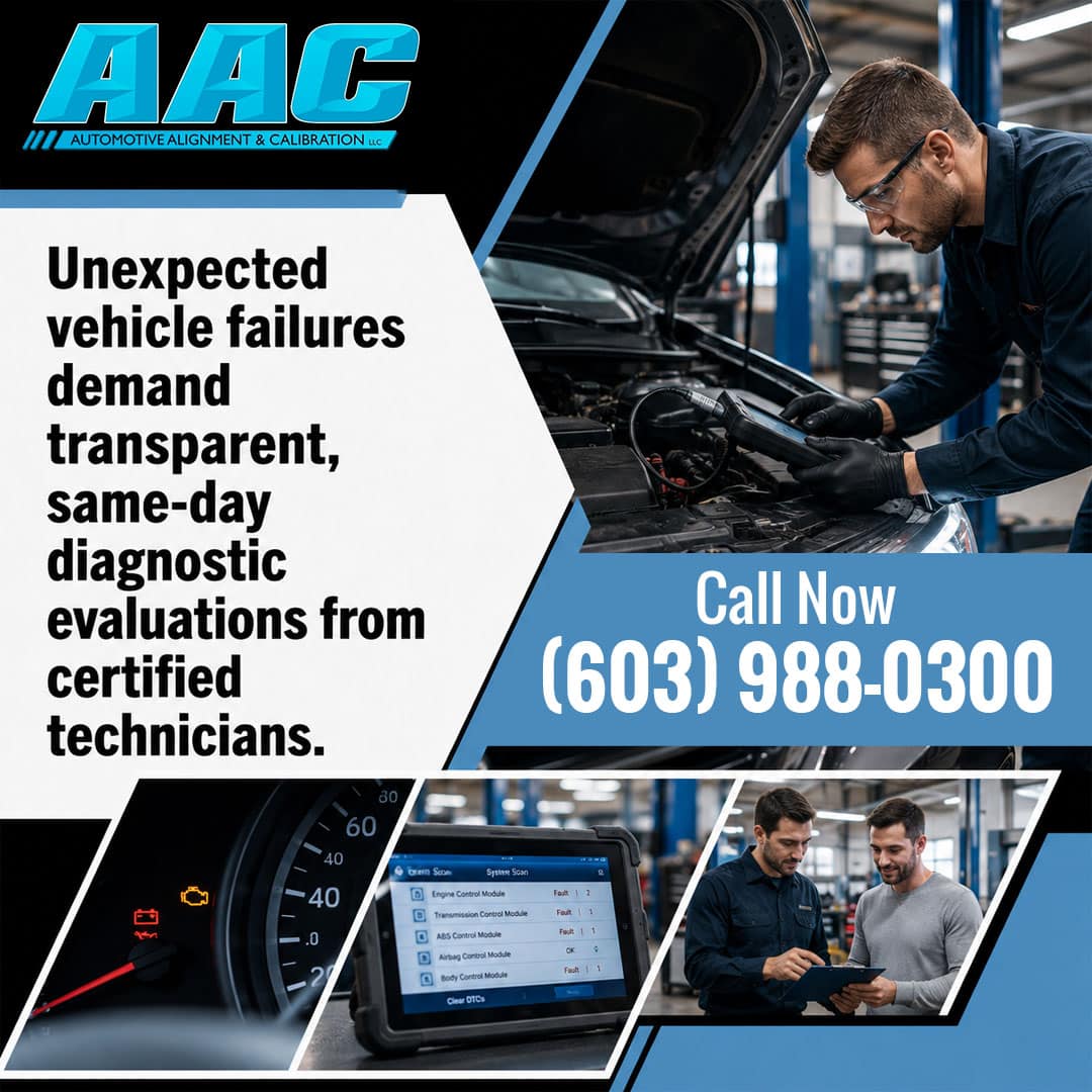 Certified technician using a handheld diagnostic scanner under an open car hood, accompanied by insets of an OBD-II diagnostic fault screen and two technicians reviewing a service report.