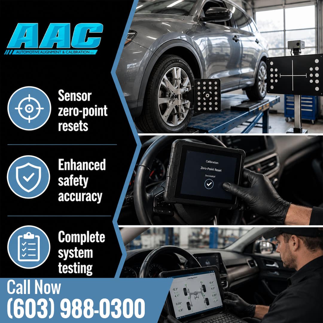 Vehicle on an alignment rack with wheel-mounted targets alongside circular insets showing a technician completing a zero-point reset on a scan tool and reviewing wheel alignment angles.