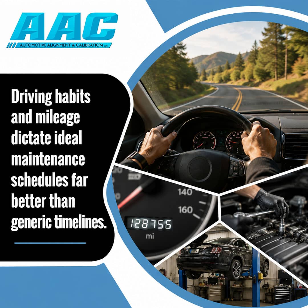 Hands gripping a steering wheel driving along a scenic mountain road, surrounded by hexagonal insets showing an odometer.