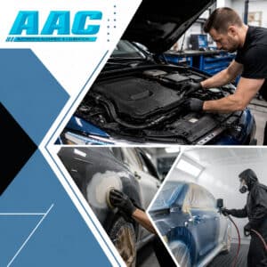Collage showing an automotive technician working under a car's hood, a technician sanding a car panel, and a painter in protective gear spray-painting a vehicle in a paint booth.