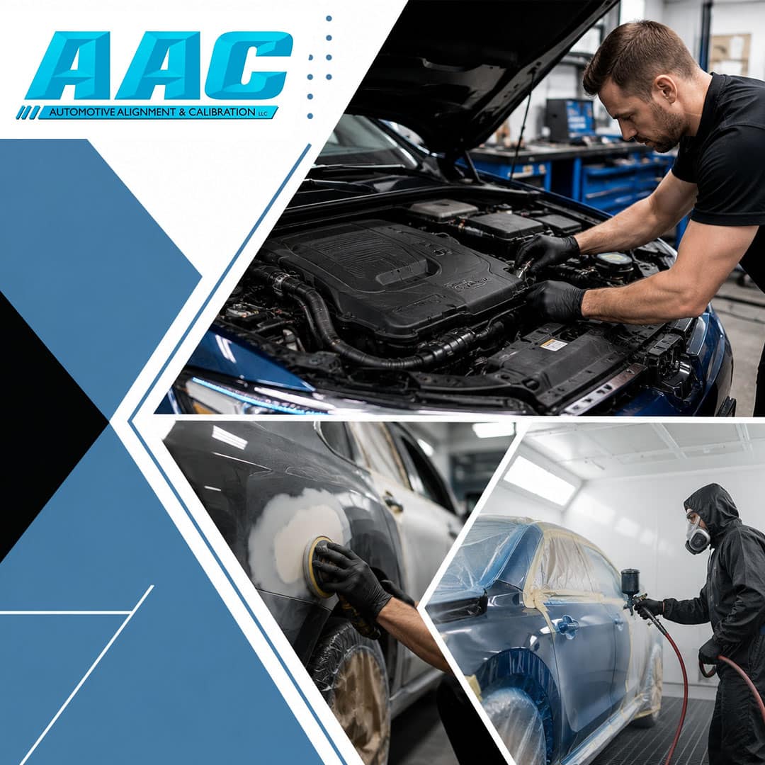 Collage showing an automotive technician working under a car's hood, a technician sanding a car panel, and a painter in protective gear spray-painting a vehicle in a paint booth.