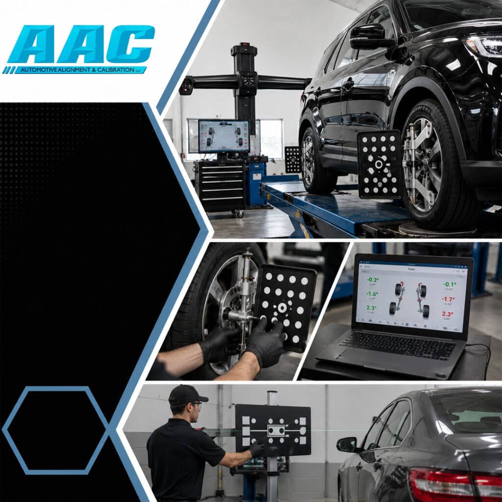 Black SUV on an alignment rack with wheel-mounted targets, accompanied by insets of a diagnostic laptop displaying suspension camber angles and a technician positioning an ADAS calibration board behind a vehicle.