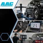 Black SUV on an alignment rack with wheel-mounted targets, accompanied by insets of a diagnostic laptop displaying suspension camber angles and a technician positioning an ADAS calibration board behind a vehicle.