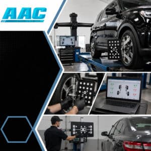 Black SUV on an alignment rack with wheel-mounted targets, accompanied by insets of a diagnostic laptop displaying suspension camber angles and a technician positioning an ADAS calibration board behind a vehicle.