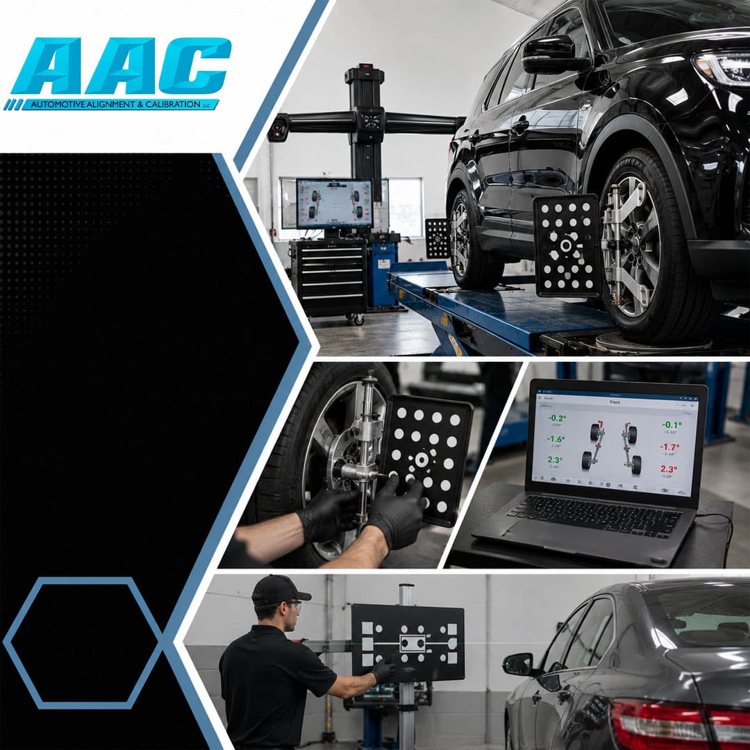 Black SUV on an alignment rack with wheel-mounted targets, accompanied by insets of a diagnostic laptop displaying suspension camber angles and a technician positioning an ADAS calibration board behind a vehicle.