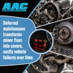 Collage showing damaged car components, including a shredded timing belt, rusted brake rotor, worn suspension ball joint, and an inset of illuminated dashboard warning lights.