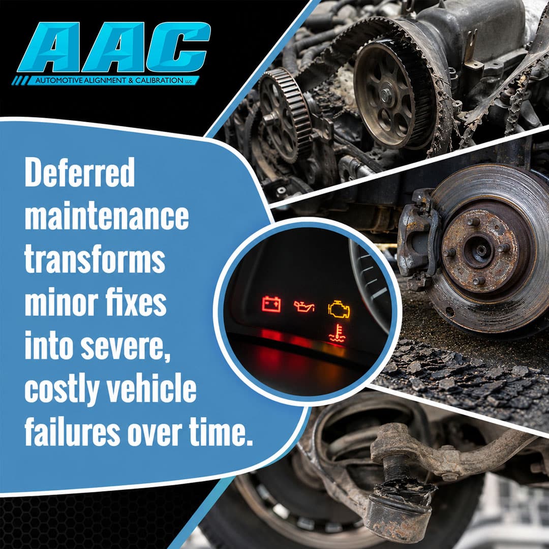 Collage showing damaged car components, including a shredded timing belt, rusted brake rotor, worn suspension ball joint, and an inset of illuminated dashboard warning lights.