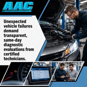 Certified technician using a handheld diagnostic scanner under an open car hood, accompanied by insets of an OBD-II diagnostic.