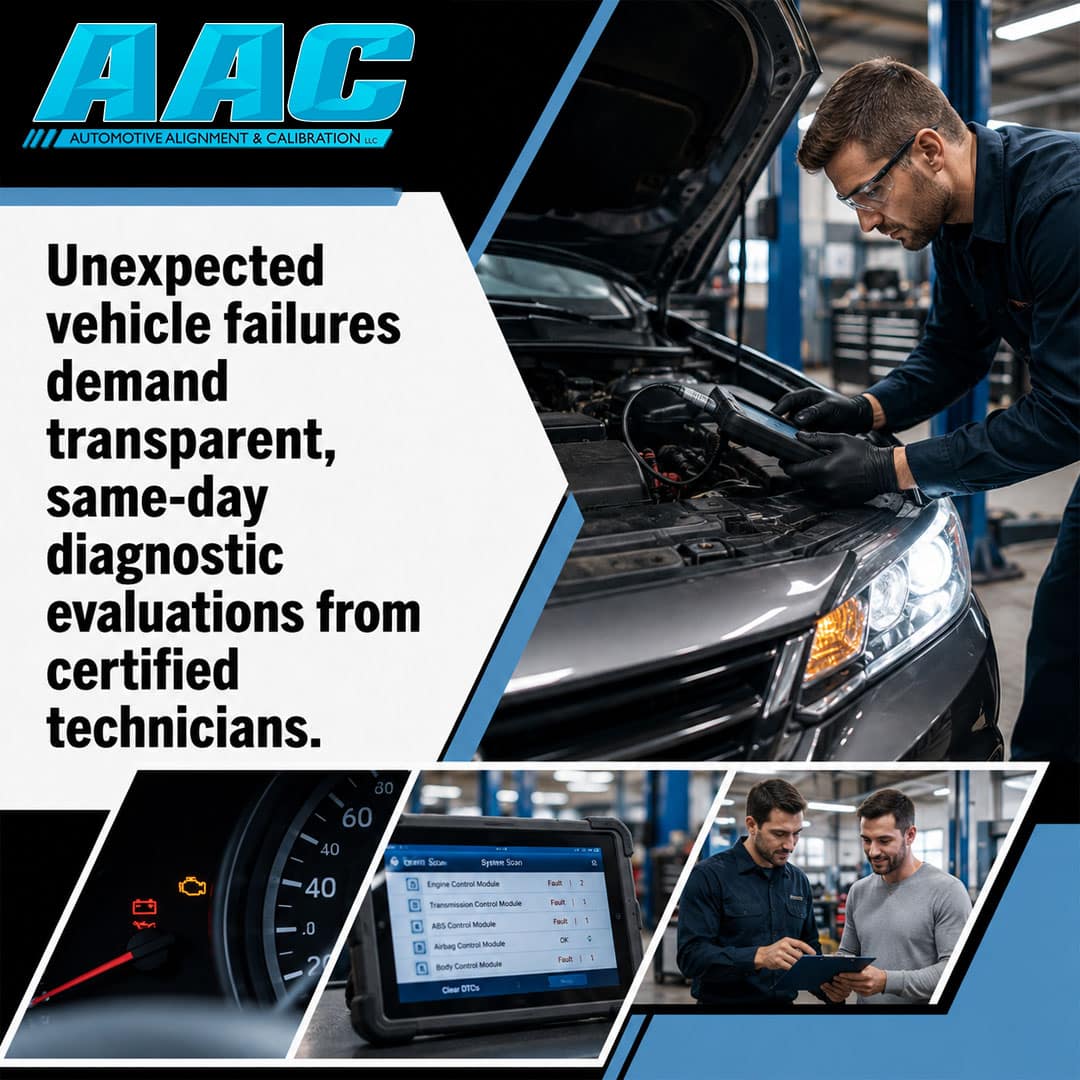 Certified technician using a handheld diagnostic scanner under an open car hood, accompanied by insets of an OBD-II diagnostic.