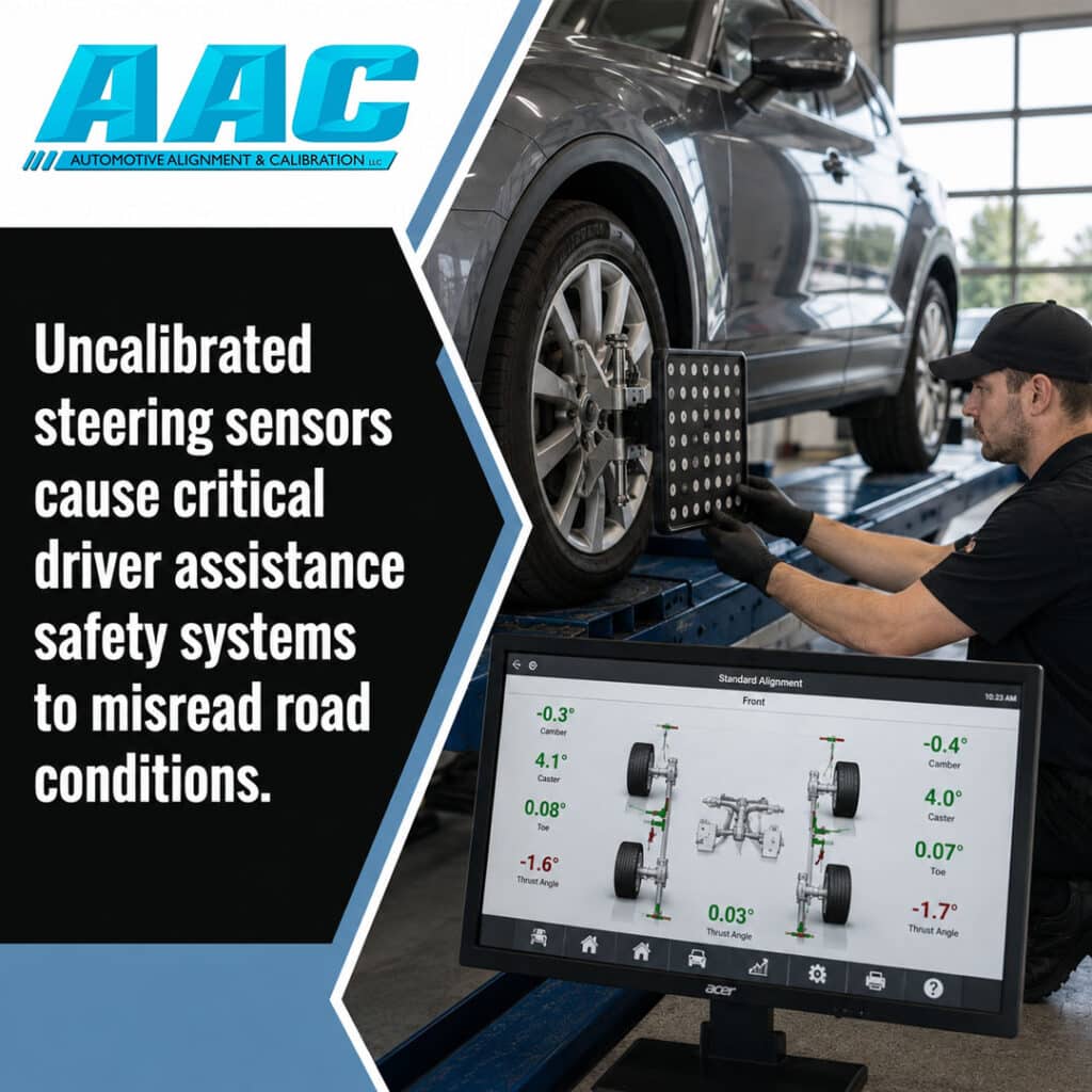 Technician mounting an alignment target to a vehicle wheel on a lift, positioned in front of a computer monitor displaying standard wheel alignment angles.