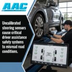 Technician mounting an alignment target to a vehicle wheel on a lift, positioned in front of a computer monitor displaying standard wheel alignment angles.